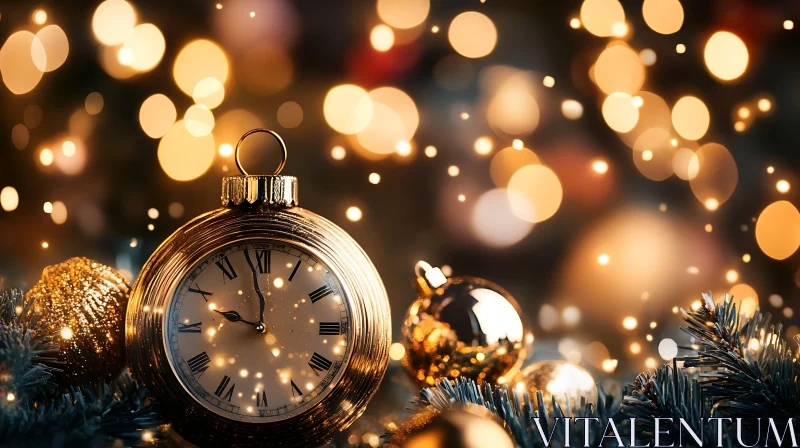 Golden Ornament Watch and Festive Bokeh Lighting AI Image