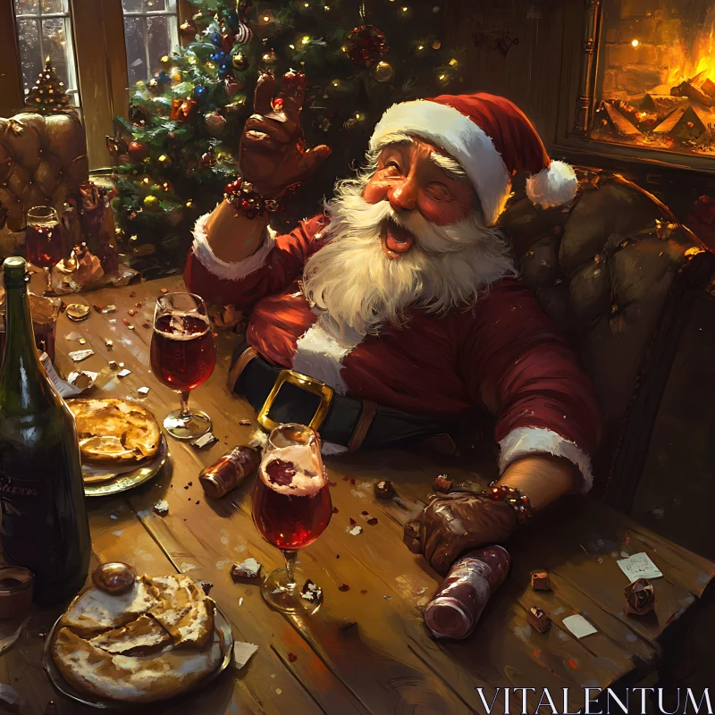 Santa Claus Toasting in a Cozy Christmas Setting AI Image