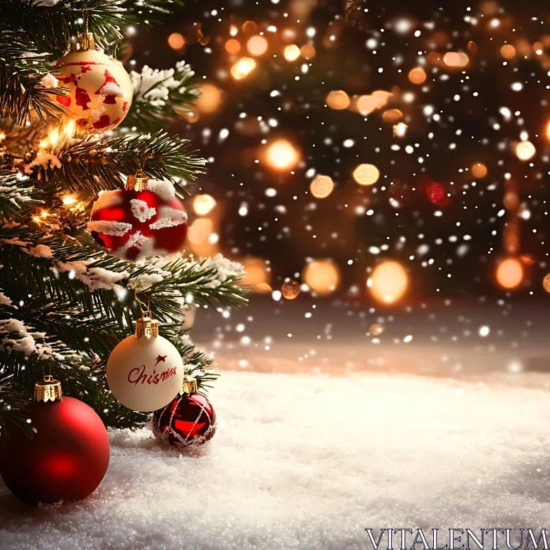 Festive Christmas Tree with Ornaments and Snow AI Image