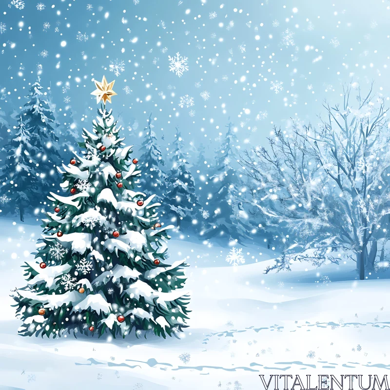 Snowy Christmas Tree with Red Ornaments and Star AI Image