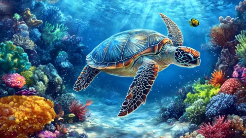 Graceful Sea Turtle Swimming in a Vibrant Coral Reef