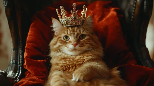 Royal Cat with Golden Crown and Red Velvet Cushion