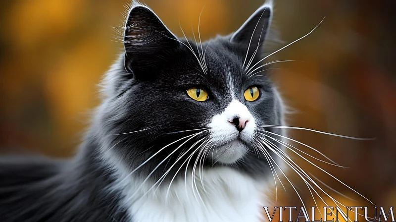 Yellow-Eyed Black and White Cat Close-Up AI Image