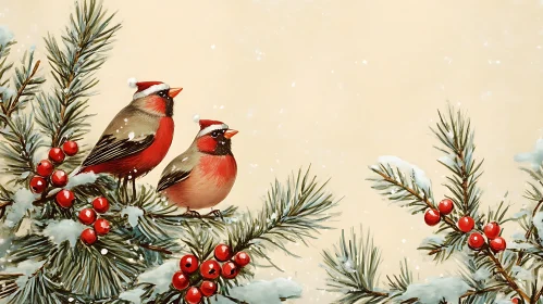 Holiday Birds with Christmas Hats in a Winter Setting