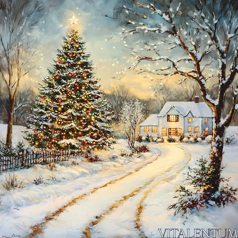 Festive Snowy Landscape with Decorated Tree and Warm House AI Image