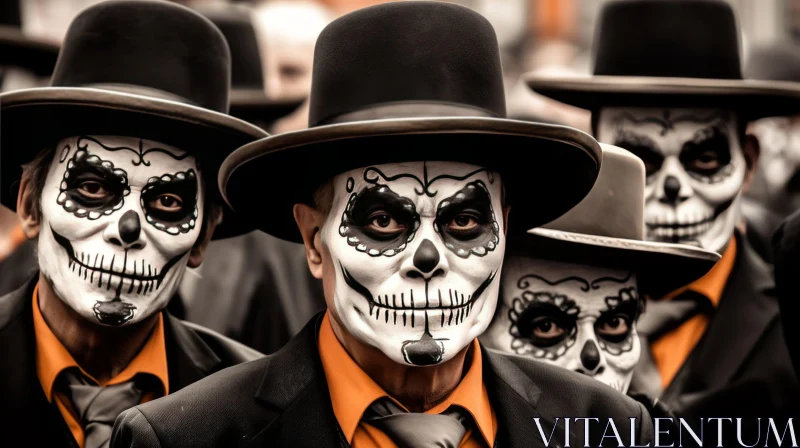 Captivating Image of People with Sugar Skulls in Elaborate Costumes AI Image