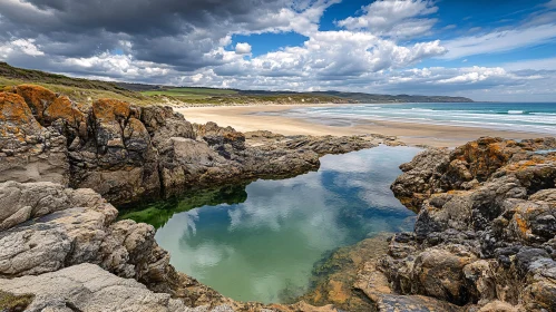 Serene Coastal Scene with Rocks and Reflective Water