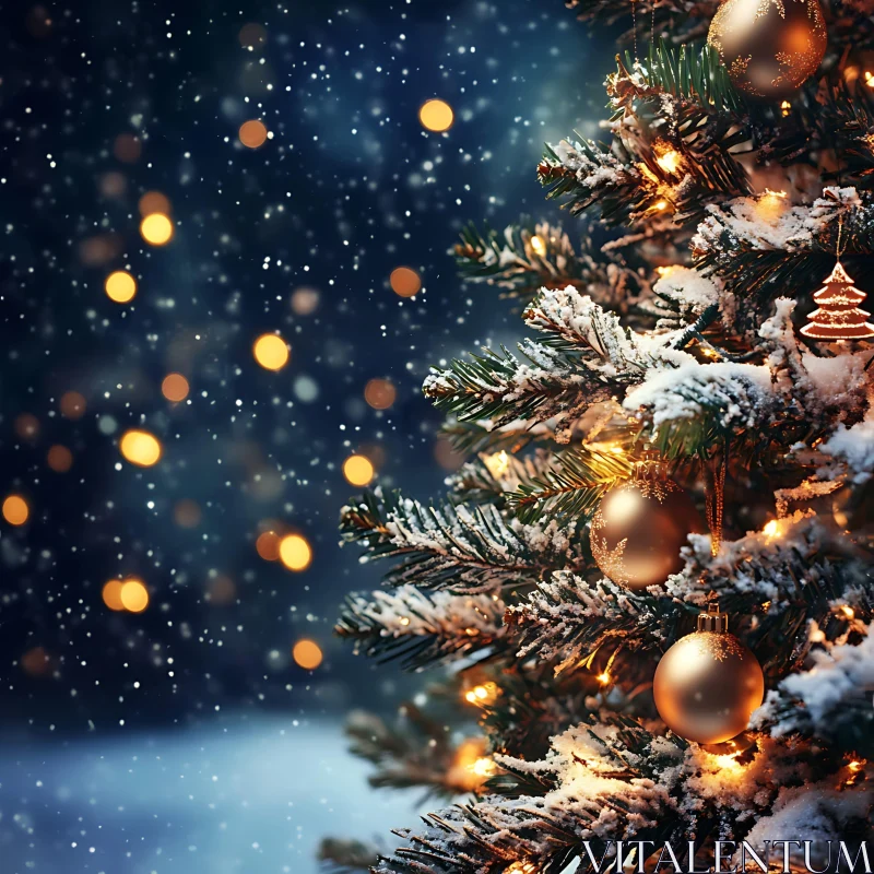 Festive Christmas Tree in Snowy Night AI Image