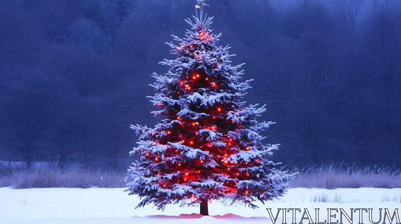 Illuminated Christmas Tree in Winter Wonderland AI Image