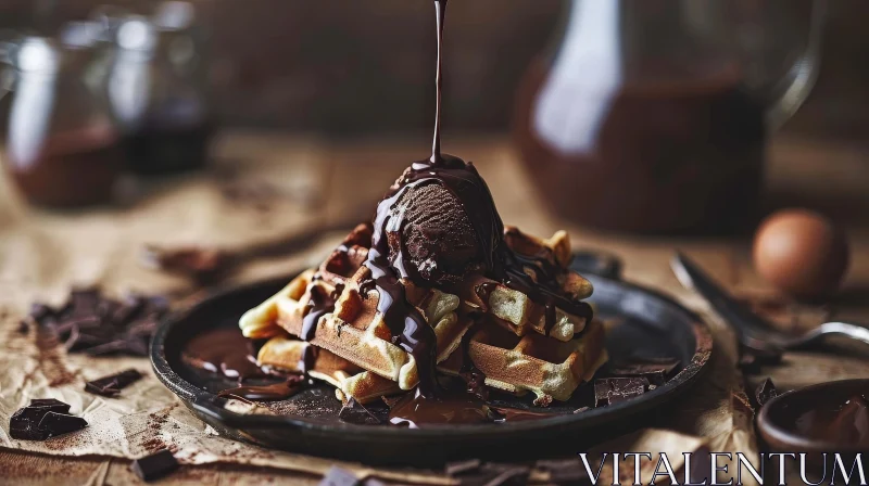 Decadent Waffles with Chocolate Ice Cream and Sauce AI Image