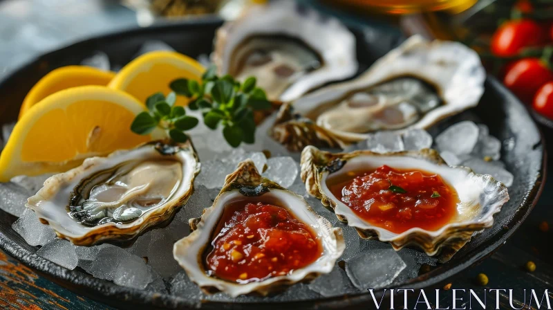 Delicious Plate of Oysters on Ice with Various Toppings AI Image