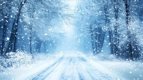 Snowy Forest Road with Falling Snowflakes