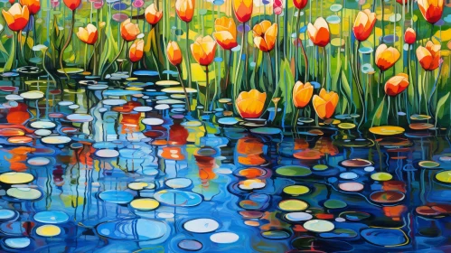 Tranquil Pond Painting with Orange Tulips