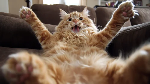 Orange Cat Spreading Paws on Couch