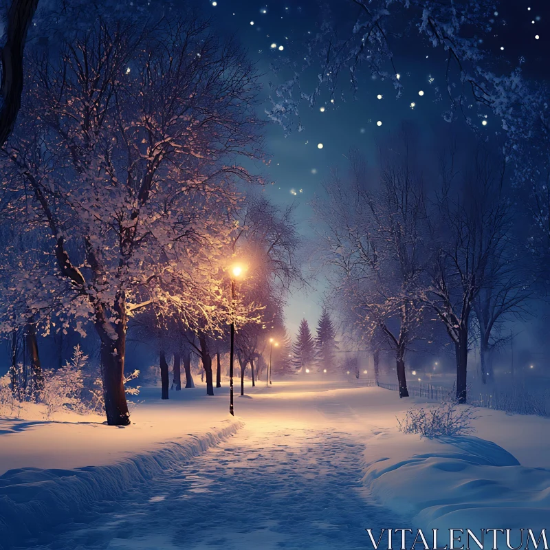 Serene Snowy Pathway on a Starry Night AI Image