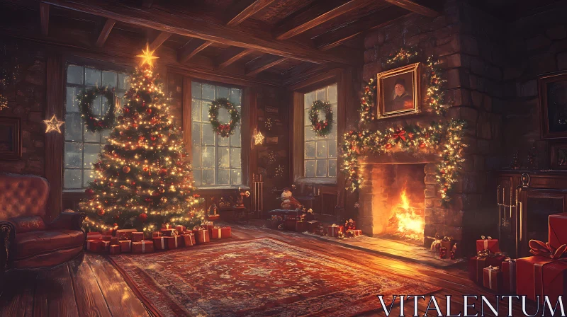 Festive Living Room with Christmas Tree and Fireplace AI Image