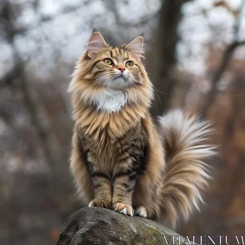 Beautiful Fluffy Cat on a Rock AI Image