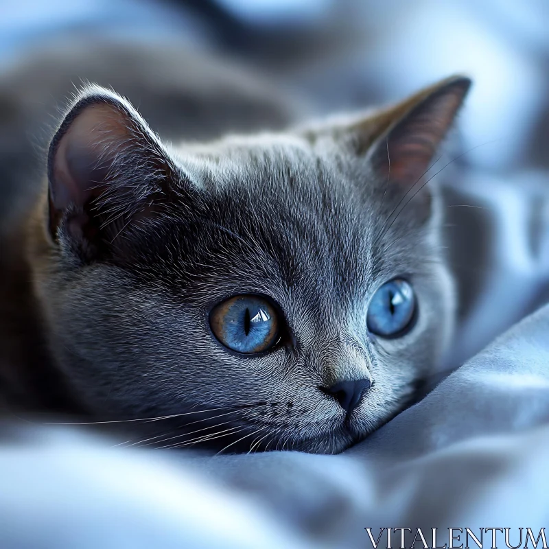 Serene Gray Cat with Blue Eyes Lying on Blanket AI Image