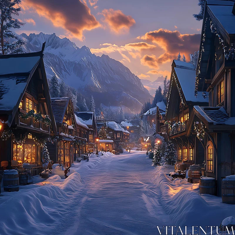 Evening Glow in a Snow-Covered Winter Village AI Image