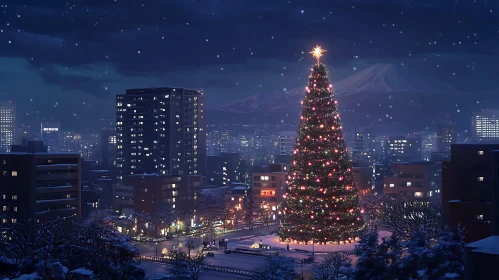 Illuminated Holiday Tree in Urban Winter Scene