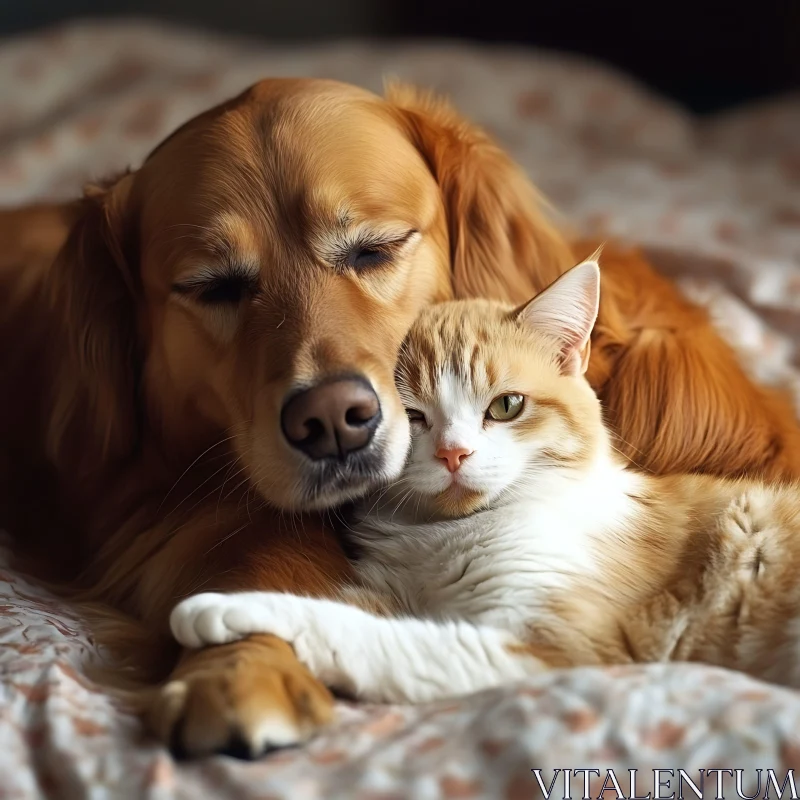 Heartwarming Image of a Dog and Cat Cuddling AI Image