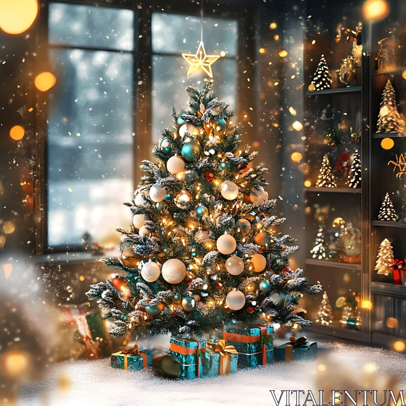 Cozy Indoor Christmas Tree Scene with Snow AI Image