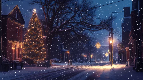 Snowy Christmas Eve on a Lit Street