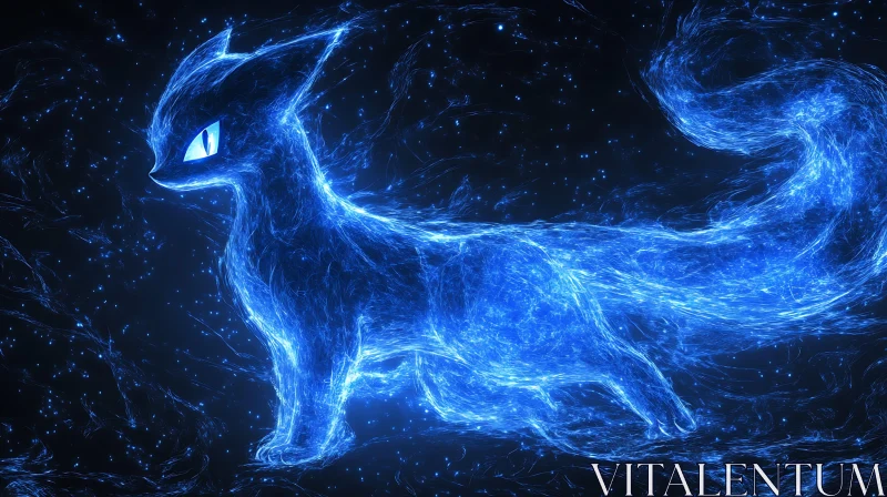 Enigmatic Glowing Blue Feline in Darkness AI Image