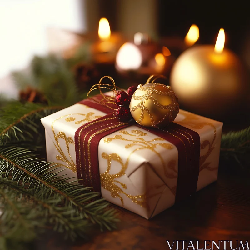 Holiday Gift with Golden Ornament and Candles AI Image