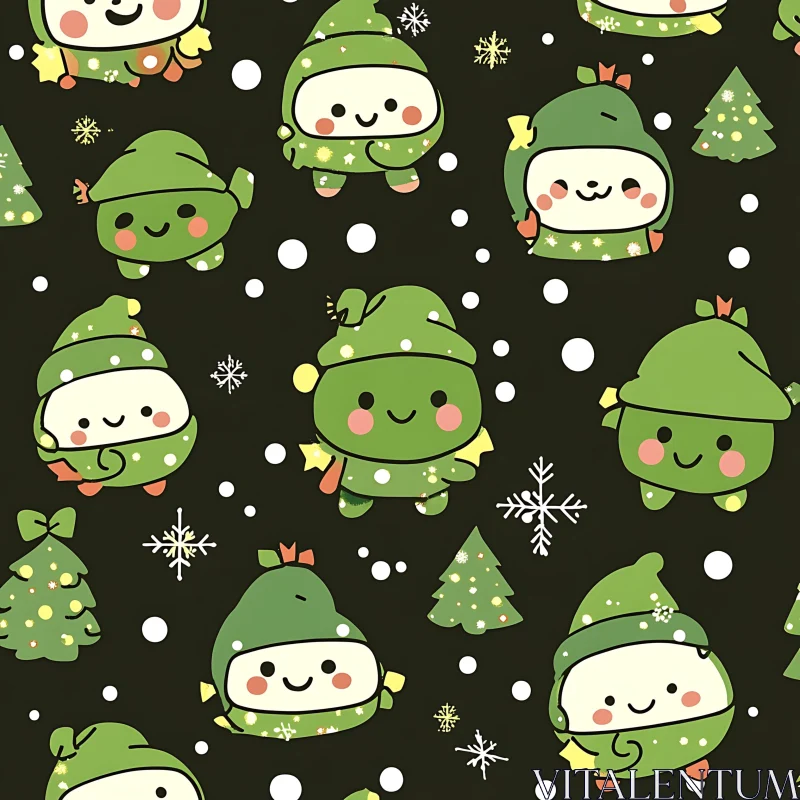 Festive Pattern of Adorable Green Cartoon Characters AI Image