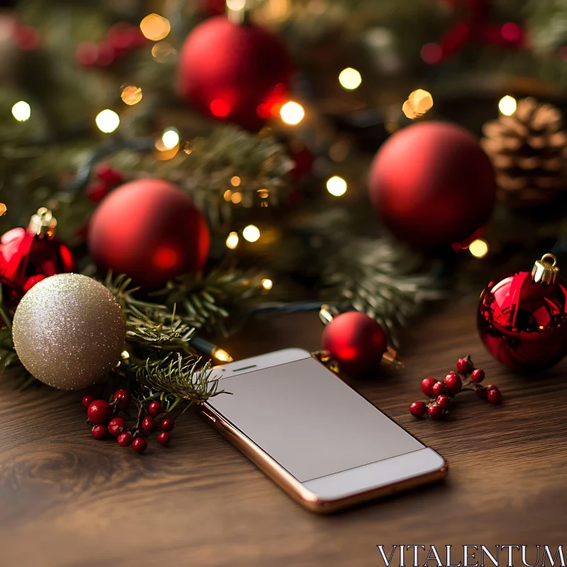 Smartphone Amidst Christmas Ornaments on Wooden Surface AI Image