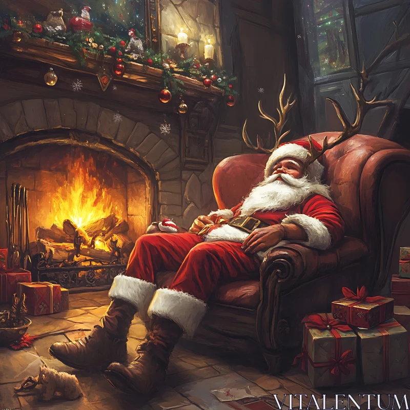 Cozy Christmas Scene with Santa Claus and Fireplace AI Image