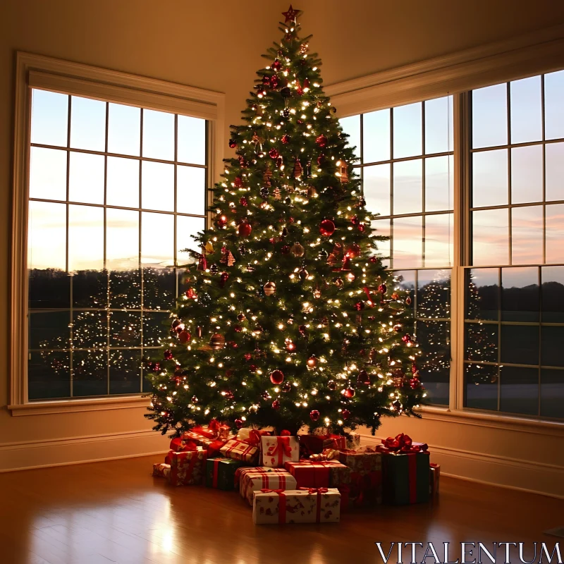 Elegant Holiday Decor with Lit Christmas Tree AI Image