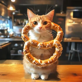 Cute Cat with Pretzel Necklace in Warm Kitchen