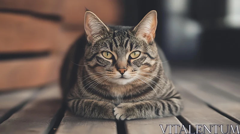 Tabby Cat Resting on Wooden Surface AI Image