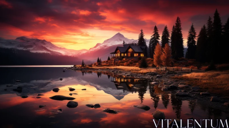 Cozy Mountain House by a Lake at Sunset AI Image