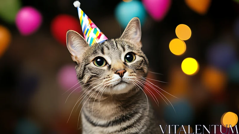 Tabby Cat Celebrating with Vibrant Bokeh Background AI Image