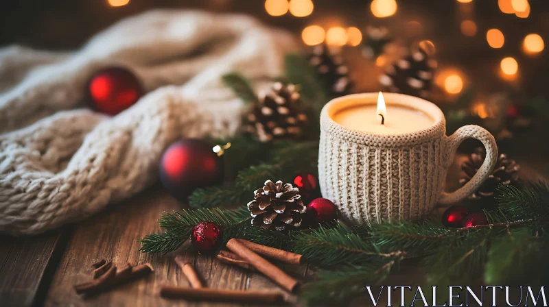 Warm Holiday Ambiance with Candle and Ornaments AI Image