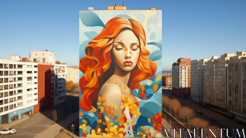 Enchanting Mural of a Woman with Red Hair on a Building AI Image