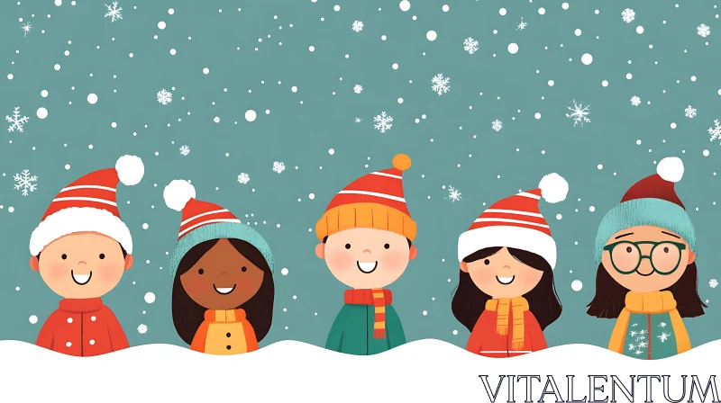 Children's Winter Festivities in Snowy Illustration AI Image