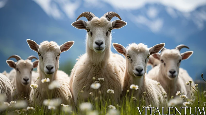 Friendly Goats in Green Field: Majestic Encounter AI Image