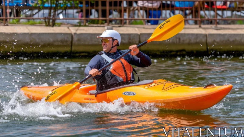 Lively Action: Man Kayaking Down the River in an Orange Kayak AI Image