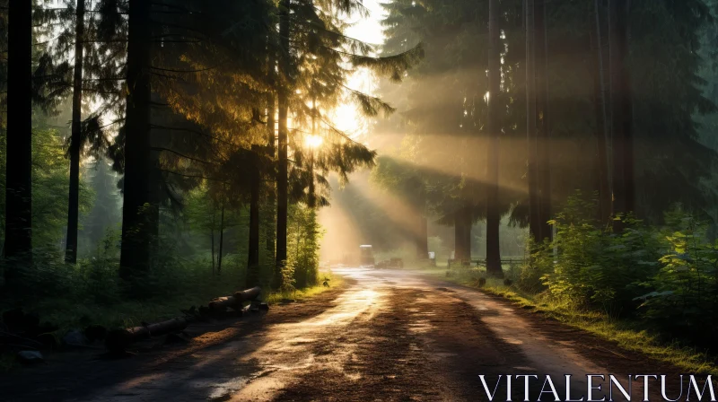 Misty Forest Road with Sun Beams - A Serene Landscape AI Image