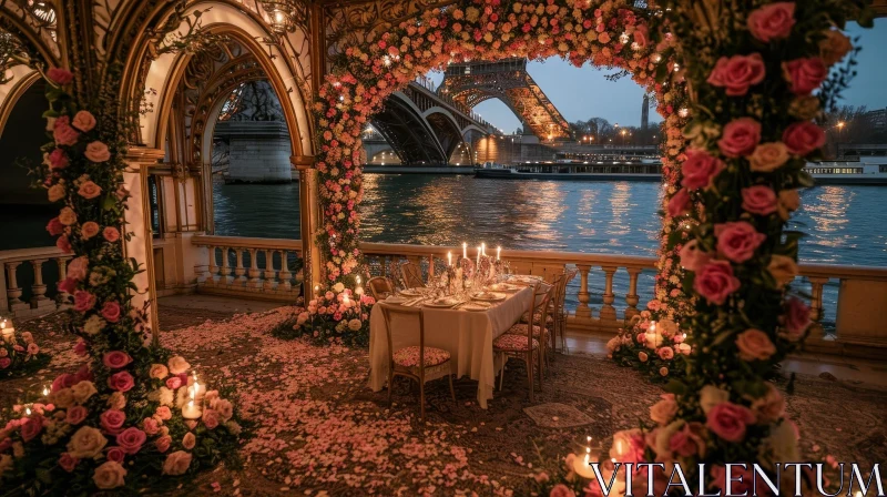 Romantic Dinner on a Parisian Terrace with Eiffel Tower View AI Image