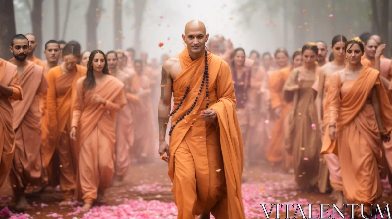 Serene Scene of a Man in Orange Robes Amidst Crowd - Indian Traditions AI Image