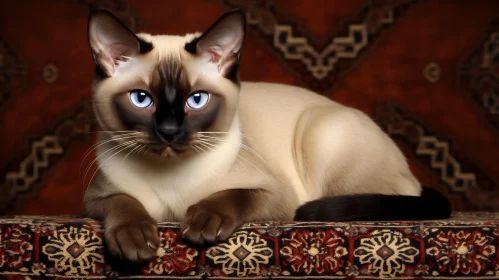 Siamese Cat on Red Carpet - Blue Eyes & Curious Expression