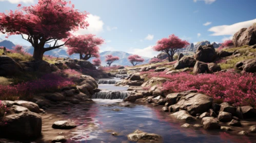 Unreal Engine Styled Landscape with Pink Cherry Blossoms and Stream