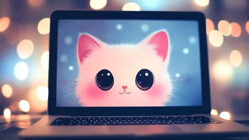Charming Kawaii Cat Display on Laptop