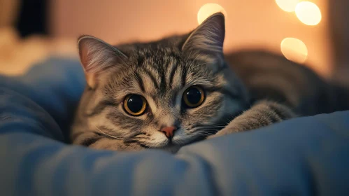 Grey Feline Lounging on Soft Bed with Warm Lights