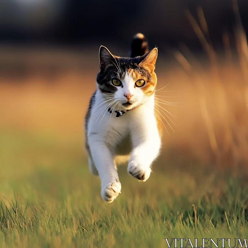 Cat Running Through Meadow in Mid-Air